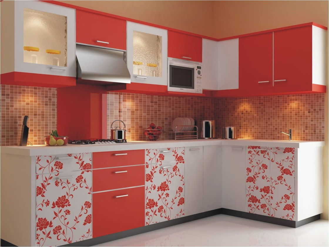 Foto Kitchen Set Warna Merah Motif Bunga